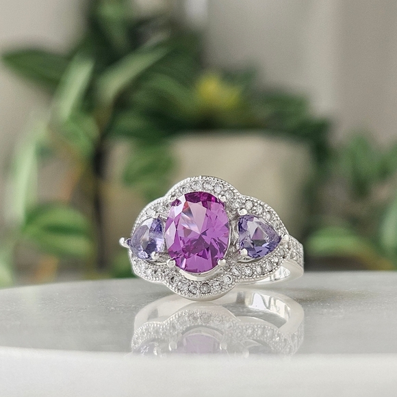 Fancy Oval Purple Amethyst Ring, 925 Sterling Silver Charmed Aroma - Picture 5 of 9
